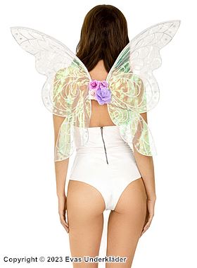 Costume wings, glitter, iridescent fabric, roses